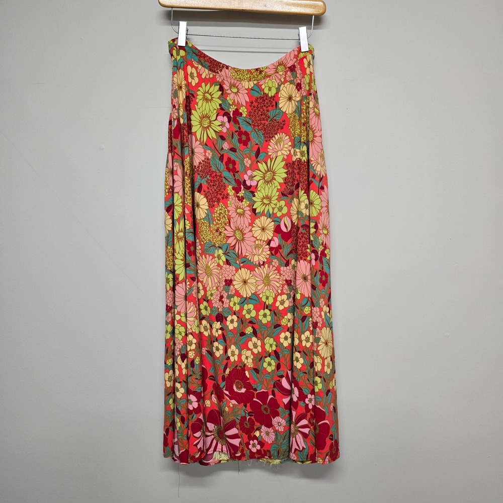 Natural Life Floral Maxi Skirt Womens Medium Pink Rayon Slit Boho Retro Hippie